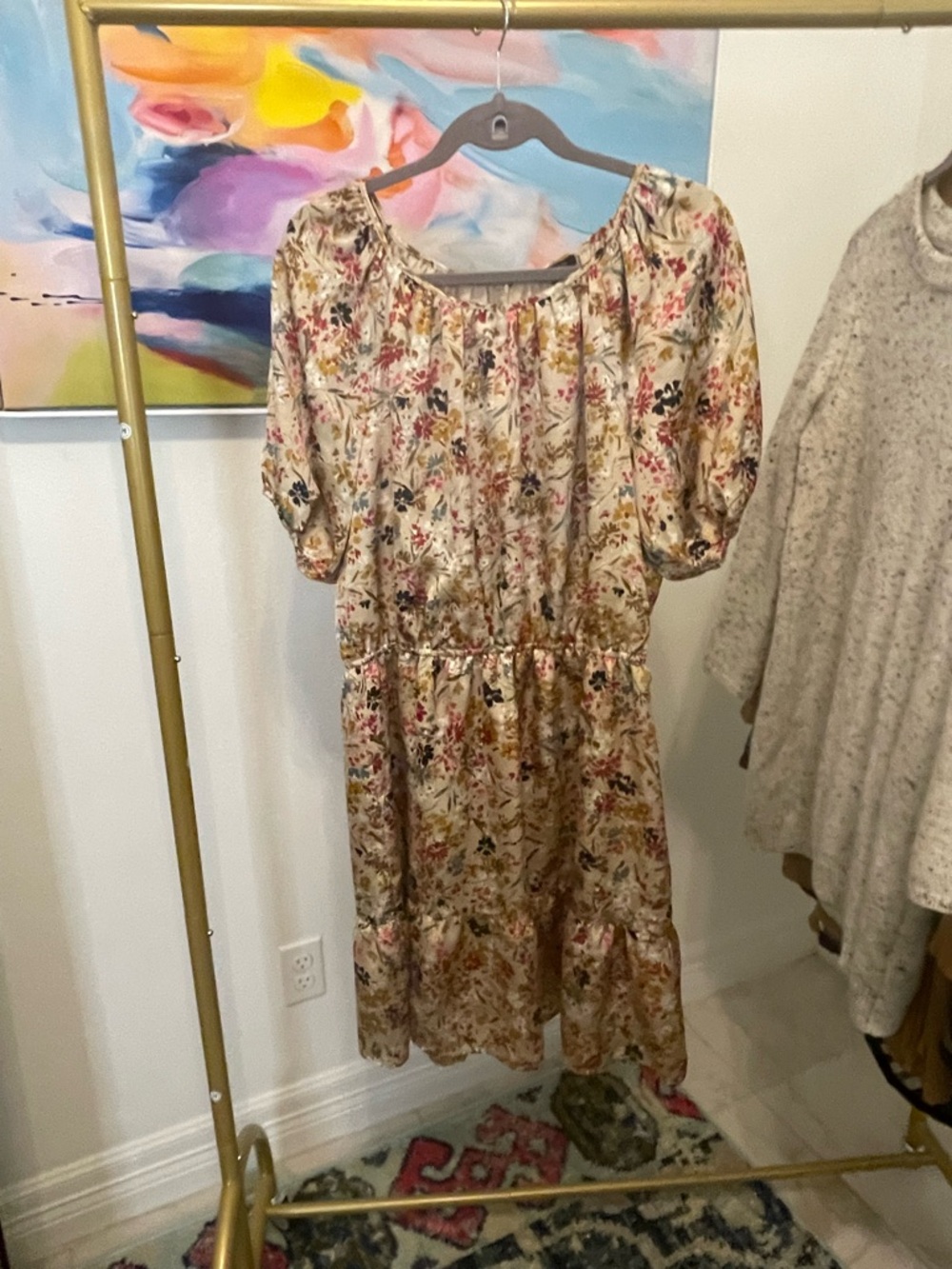 Ann Taylor Floral Elastic-Waist Midi Dress in Cream and Multicolor Large